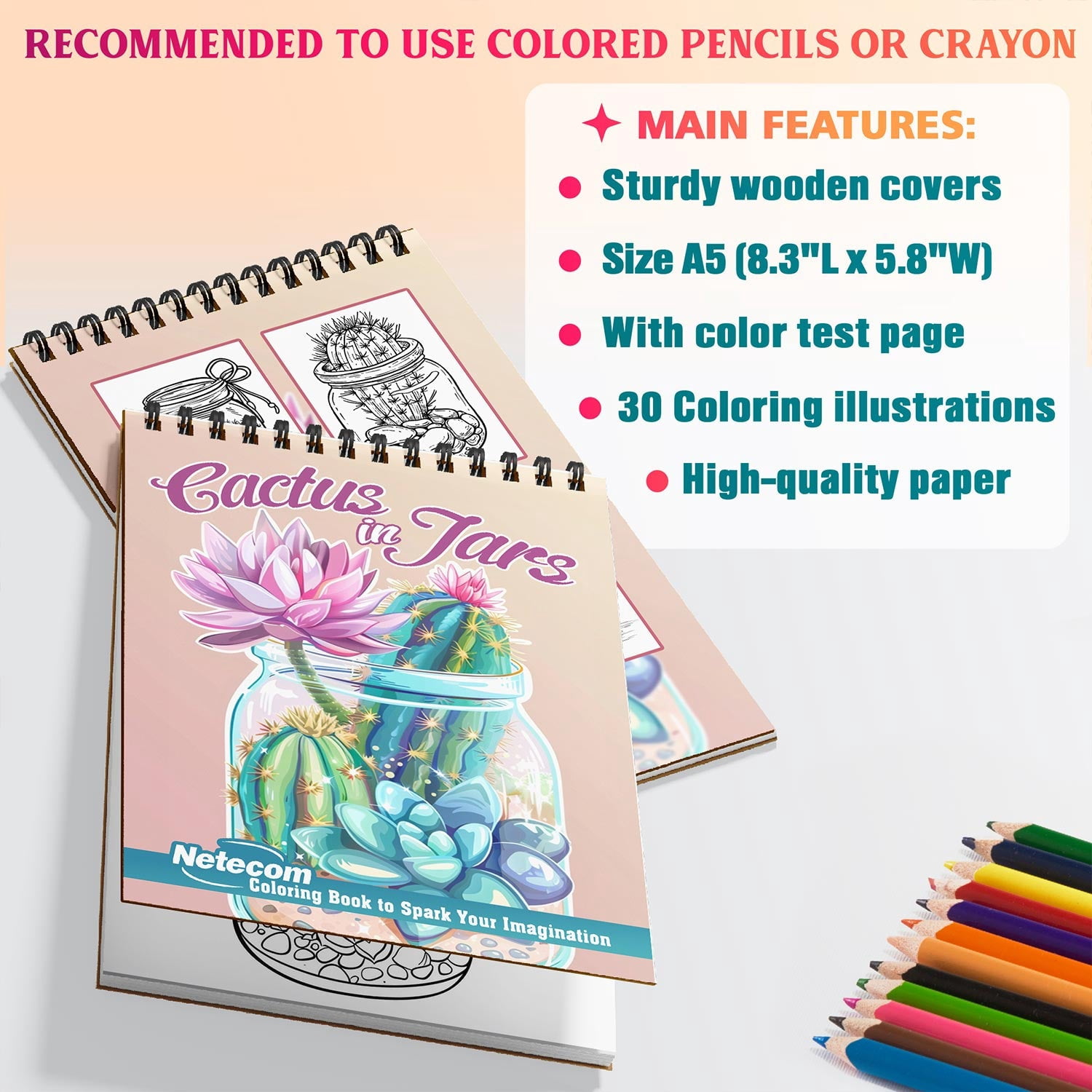 Netecom Cactus in Jars Coloring Book Spiral Bound for Adults, A5 Wooden Cover, 30 Beautiful Coloring Pages of Succulent Plants in Jar for Stress Relief and Relaxation