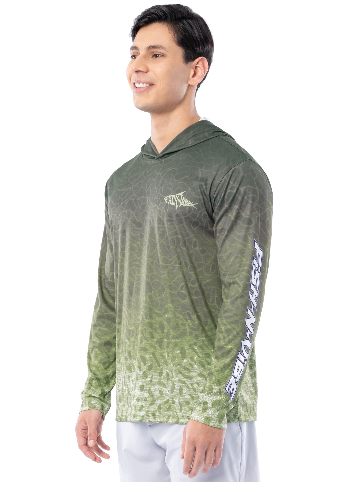 Fish N Vibe Men's Long Sleeve Performance UPF 30 Fishing Graphic Hoodie, Hooked Bass Speckled-Gray, M
