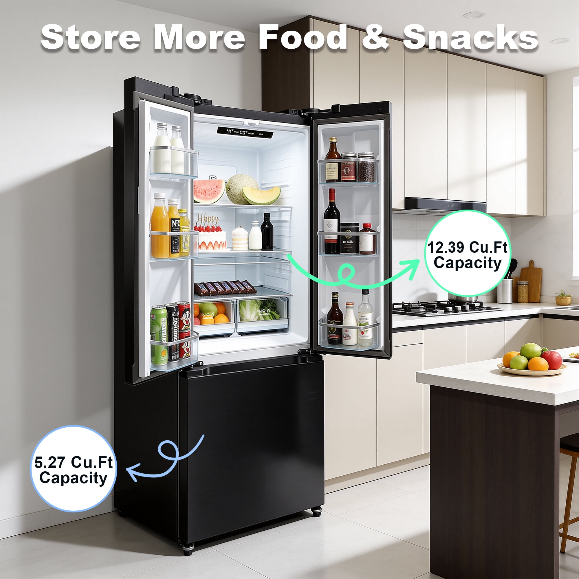 iceBlue 30" Black Stainless Steel French Door Refrigerator, Top Fridge and Drawer Freezer, 17.7 Cu. Ft.