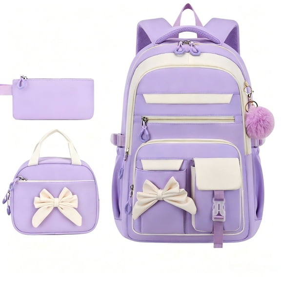 AHMOMEI Cute Bow 3 Pieces Backpack Set, Cute Student Bookbag Lightweight Large Capacity with Lunch Bag & Pencil Case Daily, Picnic, Travel & Outdoor Activities