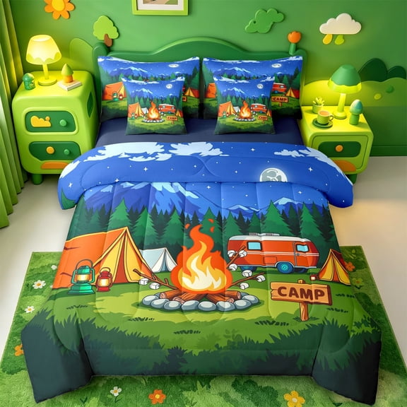 Catabedysis Night Camping 7-Piece Twin Bedding,Campfire Camper Print Bedding Comforter Set For Boys,Multicolor,Navy Blue Reversible