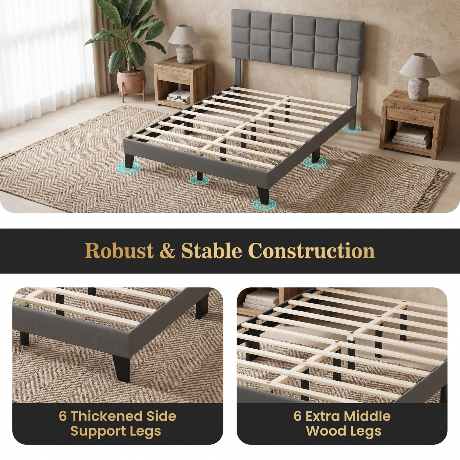 Furnibear Queen Size Bed Frame, Upholstered Linen Platform Bed with Adjustable Square Tufted Headboard and Wood Slats for Bedroom, Gray