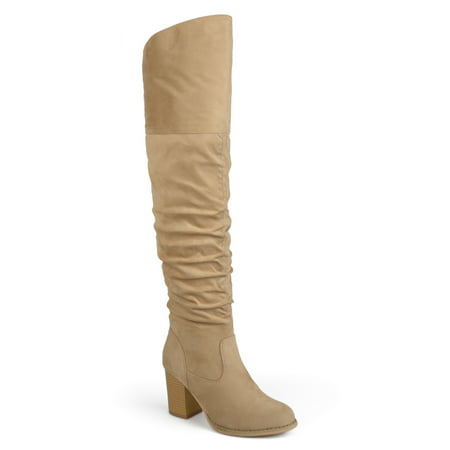 Brinley Co. Women's Extra Wide Calf Ruched Stacked Heel Faux Suede Over-the-knee Boots
