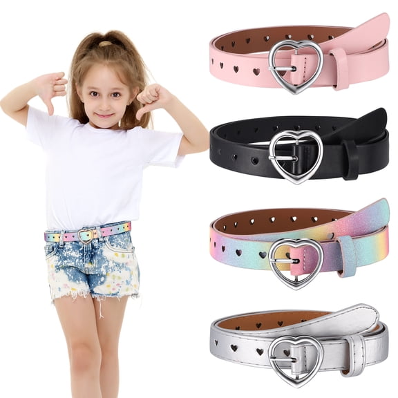 Bocaoying 4 Pcs Cute Heart Shape Girls Belt, PU Leather Belt, Adjustable Belt with Heart Buckle Skinny Belt for Boys Girls Ladies Belts for Jeans Dresses Jumpsuit Trousers