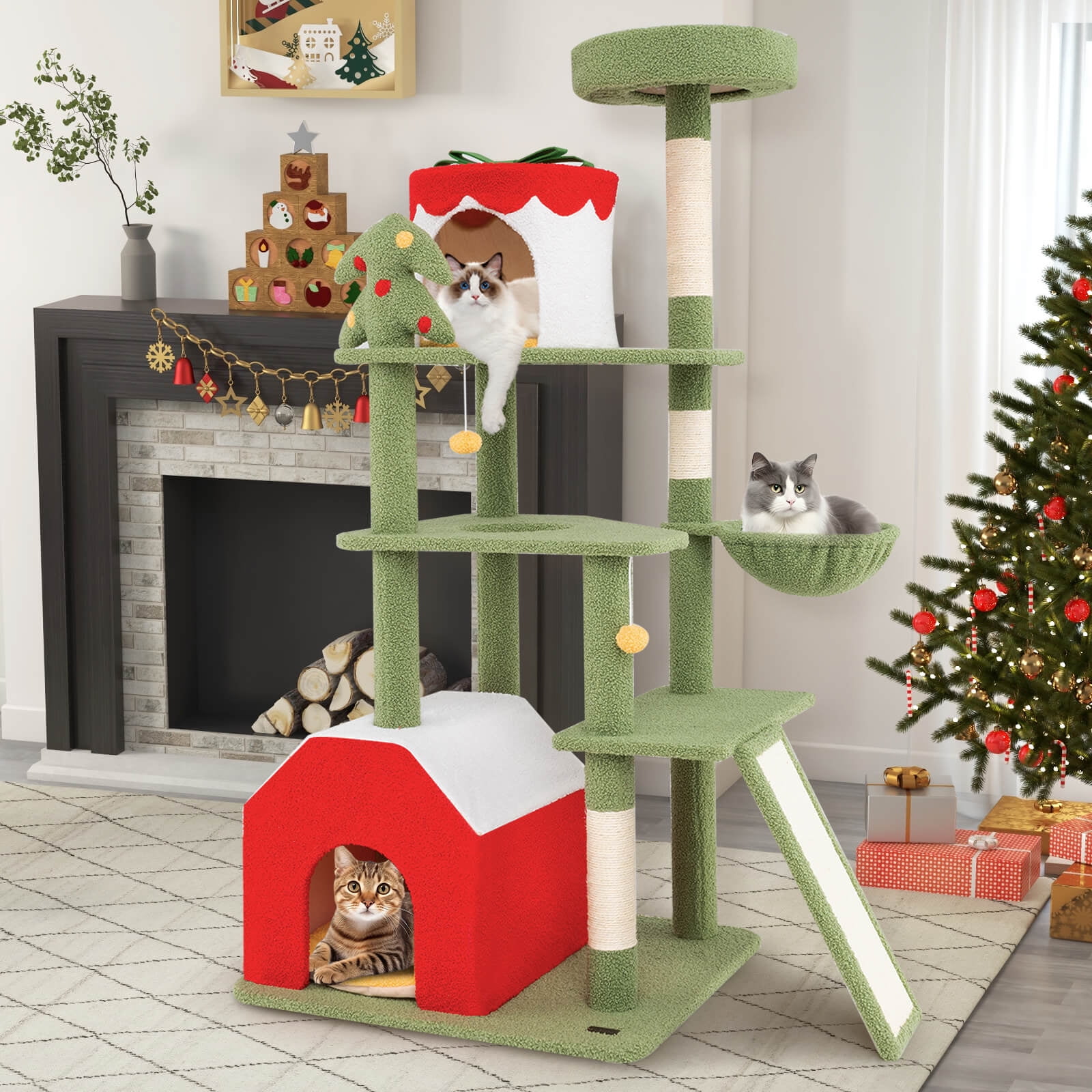 Infans 61" Tall Christmas Cat Tree w/ Sisal Scratching Posts Plush Perch & 2 Condos