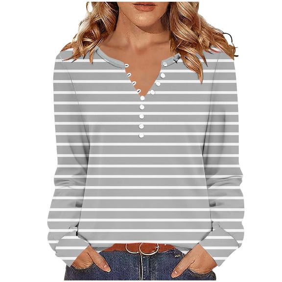 LIaqionyy Womens Striped Shirt Long Sleeve Fall Outfits V Neck T Shirts Button down Tunic Tops Fashion Clothes