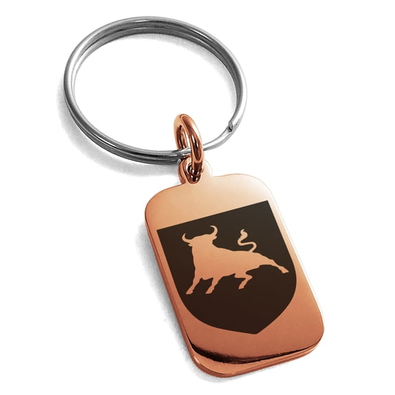 Stainless Steel Bull Bravery Coat of Arms Shield Engraved Small Rectangle Dog Tag Charm Keychain Keyring