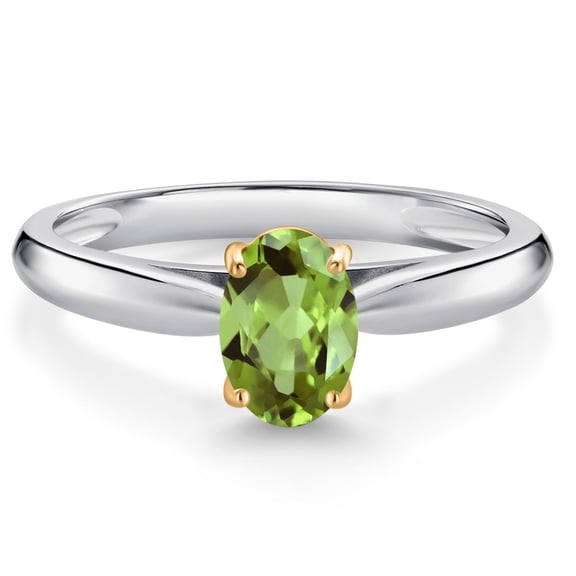 Gem Stone King 10K White and Yellow Gold Green Peridot Solitaire Engagement Ring for Women (0.90 Cttw, Oval 7X5MM, Gemstone August Birthstone, Size 5)