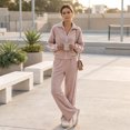 thumbnail image 5 of Szluipve 2 Piece Sets for Women 2 Piece Outfits Side Stripe Zip Up Collar Jacket & Wide Leg Pants Set Ribbed Textured Casual Tracksuit Loungewear Suit for Daily Travel Pink L, 5 of 7