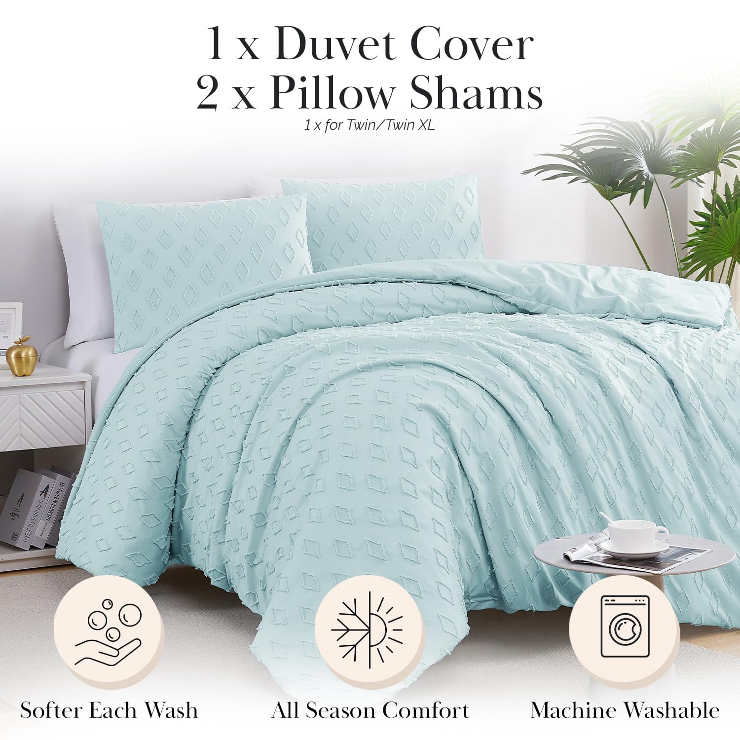 Southshore Fine Living, Inc. Jacquard Tufted Diamond Pattern King Boho Duvet Cover Set, Delta Blue