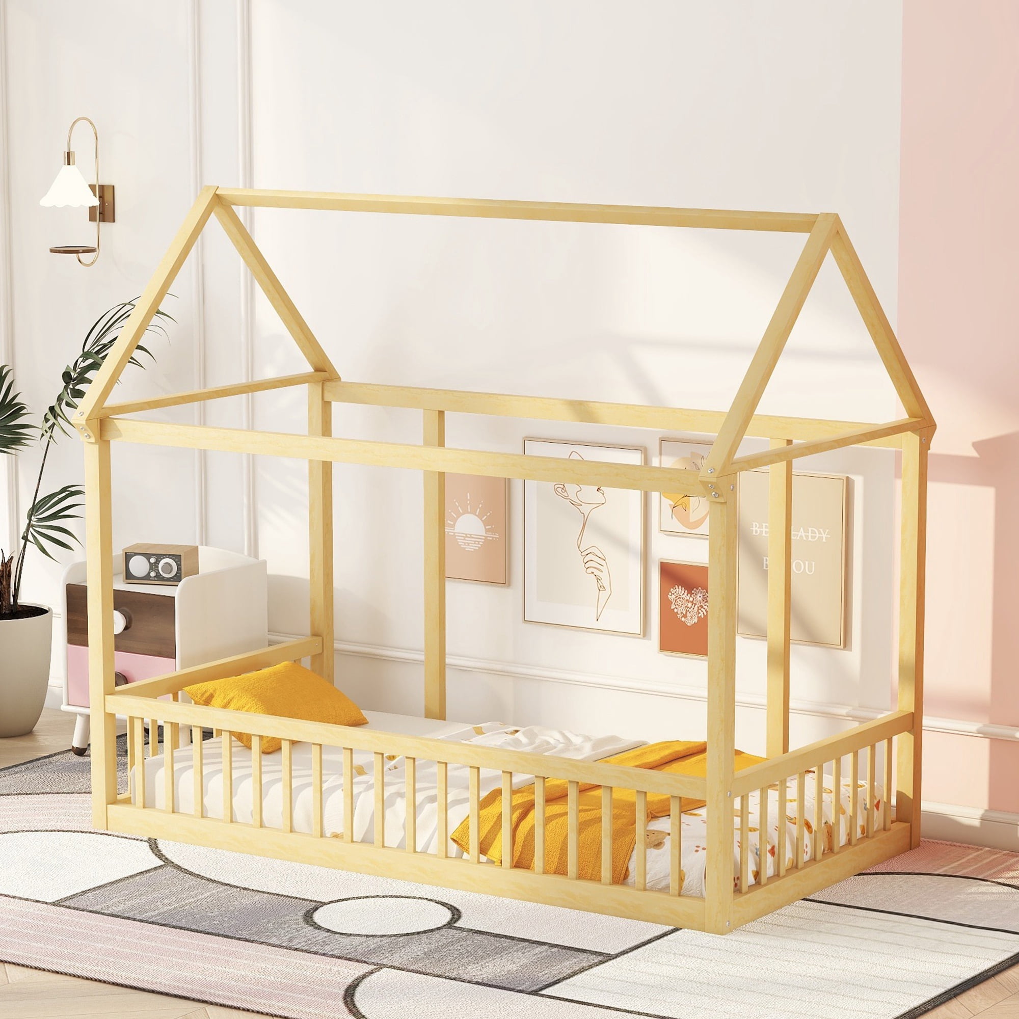 Bellemave Twin Size Wood House-Shaped Floor Bed with Fence, Guardrails, Montessori Floor Bed House Bed Frame with Roof (Twin, Natural)
