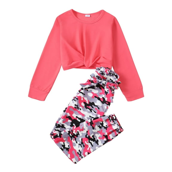 Kucnuzki 7 Years Big Girls Winter Outfits 8 Years Big Girls Warm Clothes Set Long Sleeves Pullover Top Solid Color Twist Top Camouflage Pants 2pcs Pant Sets Pink