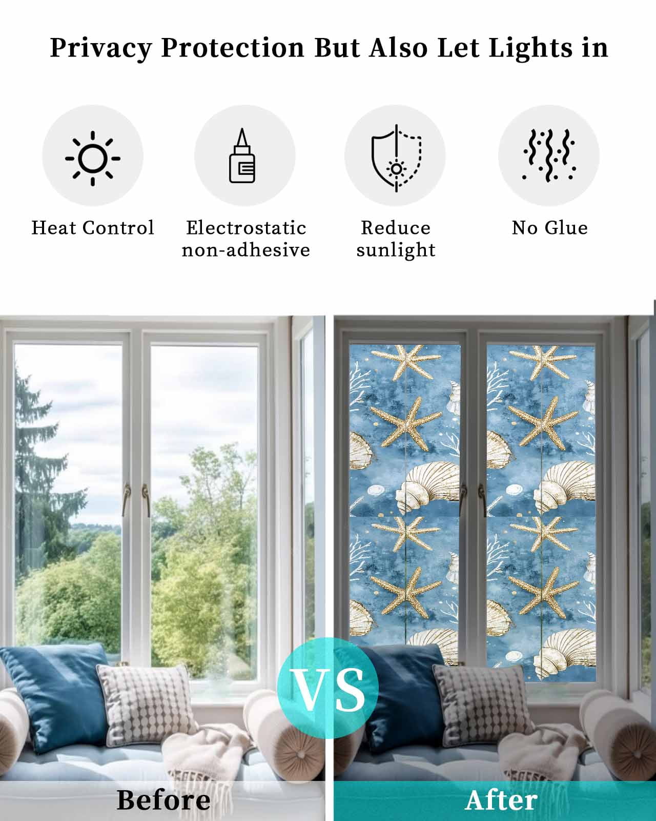 Window Privacy Film Blue Coastal Stained Glass Window Film Decorative Sun Block Window Cover Summer Beach Starfish Shell Sea Window Clings Static Adhesive Sticker for Bathroom 23.6"x78.7"