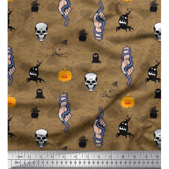 Soimoi Brown Rayon Fabric Hand,Snake & Skull Halloween Print Fabric by the Yard 42 Inch Wide