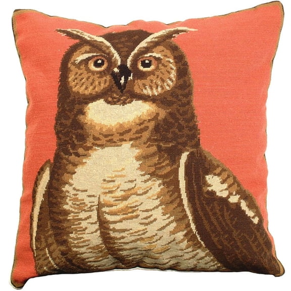 Throw Pillow Petit Point Great Horned Owl 18x18 Natural Wool Cotton Velve MH-597