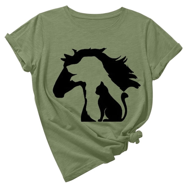 Camiseta de manga corta con estampado de animales y cuello redondo suelto a la moda de verano para mujer Pompotops hfajkhk134429