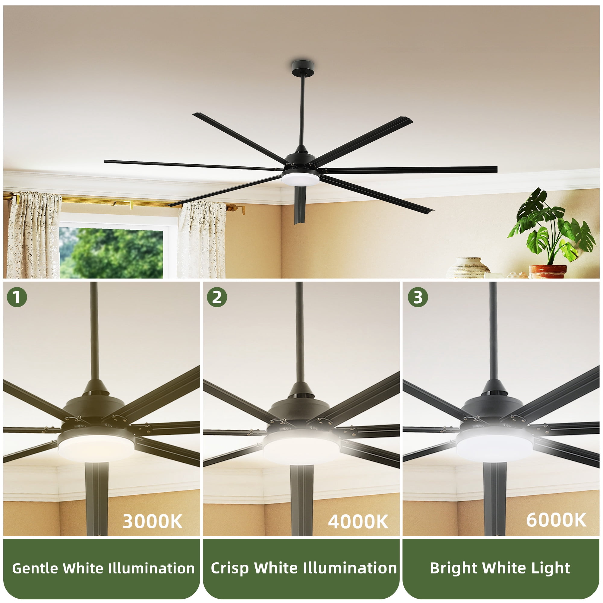 Uforic 96 inch Industrial Ceiling Fan with Lights and Remote Control – Quiet, High Airflow, Durable for Home & Commercial Use - Black
