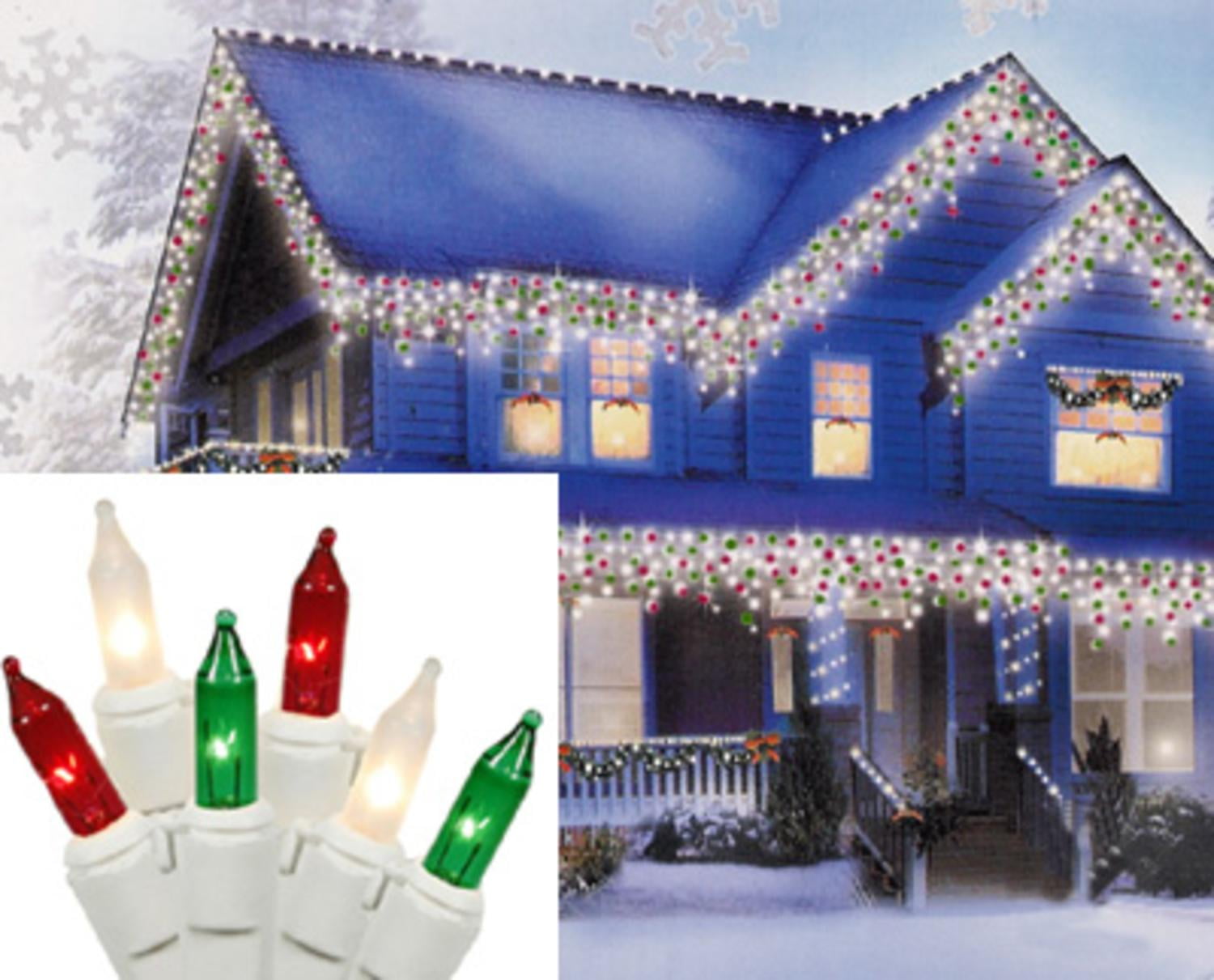 Set of 100 Red, Green and Clear Frosted Icicle Christmas Lights White