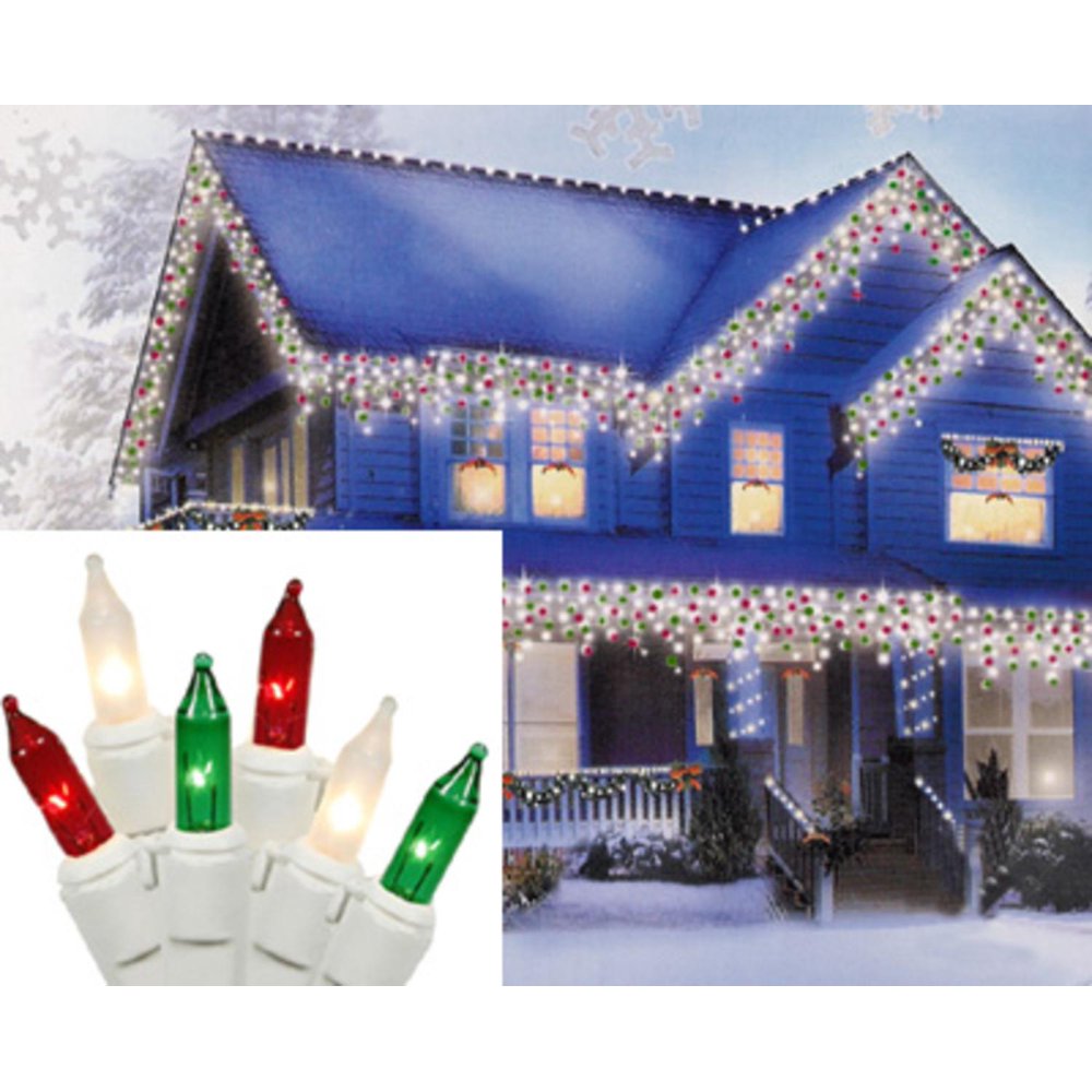 Set of 100 Red, Green and Clear Frosted Icicle Christmas Lights White