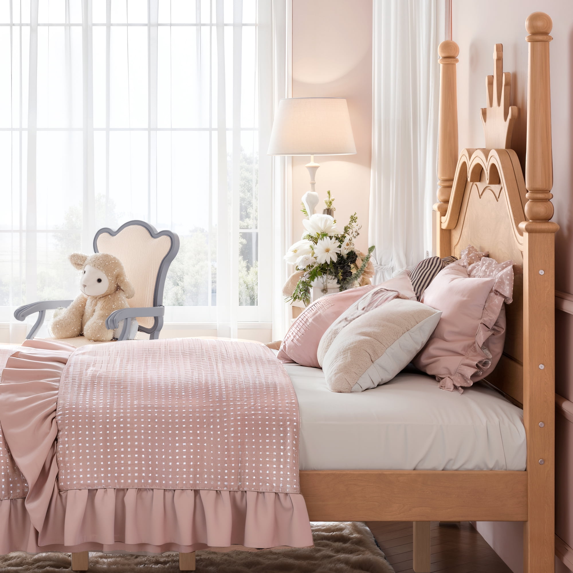 GARITIN Full Size Crown Shaped Platform Bed, Four Poster Wooden Bed Frame, Elegant Curved Headboard Bed Frame for Bedroom Guest Room, Natural