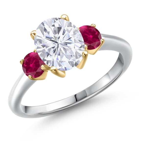 Gem Stone King 10K Two Tone Gold White Moissanite and Red Created Ruby Engagement Ring for Women | 2.60 Cttw | Oval 9X7MM | Gemstone Birthstone | Size 9