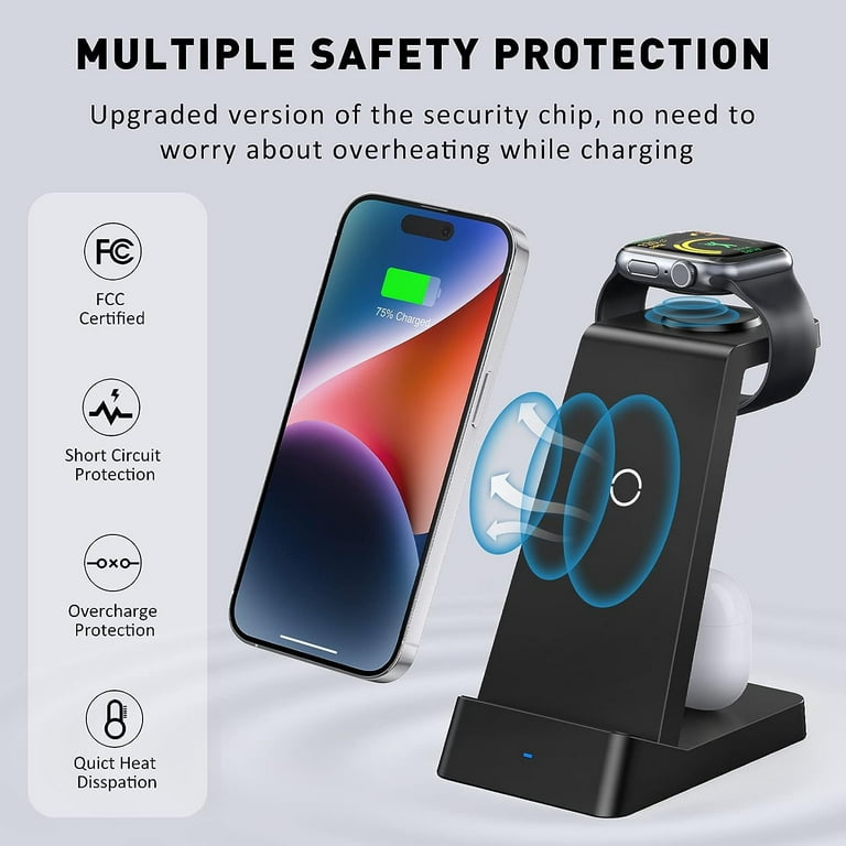 3 in 1 Wireless Charger, 18W Fast Charger Pad Stand Charging Station Dock  for iWatch Series SE 8/7/6/5/4/3 Airpods Pro/3/2 for iPhone 15/14/13/12  /11/Pro Max/12 Mini /XR (With QC3.0 Adapter) 