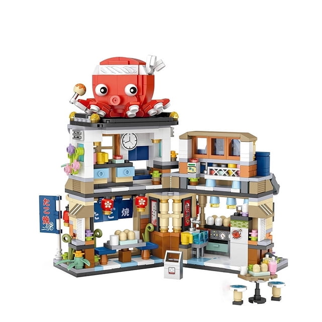 Street View Series Building Blocks Set, Izakaya Shaved Ice Takoyaki Coffee & Panda Tea House DIY Model, Creative Assembled Scenery Bricks Decor Toy Gift for Kids
