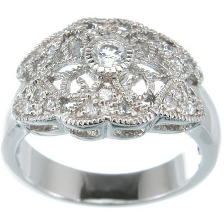 - CZ Sterling Silver Platinum Finish Antique Style Ring