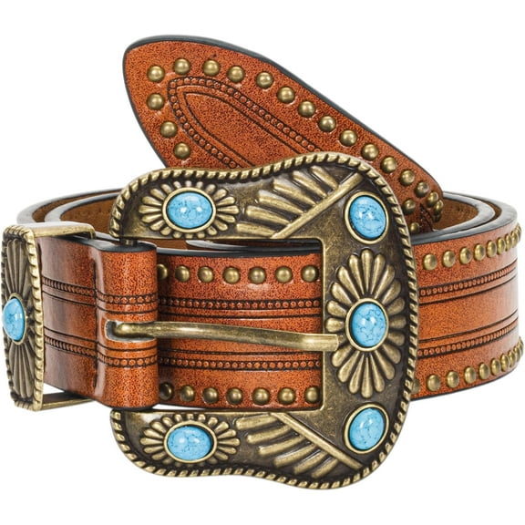Cowgirl Cowboy Rhinestone-Studded-Buckle Western-Belt for Women PU-Leather Floral-Embossed Vintage-Carved Belt 28-36"