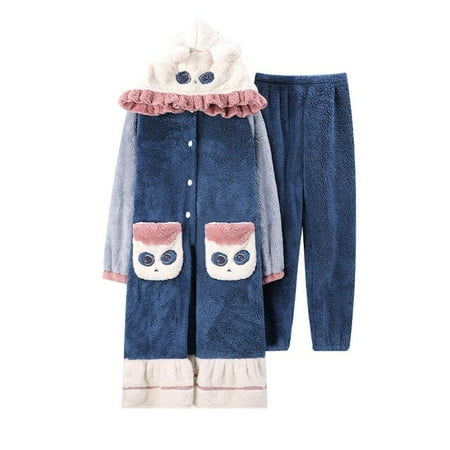 

DanceeMangoo FUNISHI Women Sleepwear Coral Fleece Plus Size Hooded Loose Version Inspissate Pajama Set Cartoon Nightdress Winter Pajamas