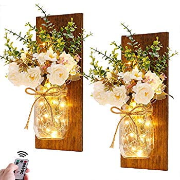 Rustic Wall Sconces Mason Jar Handmade Art Hanging Design With Remote Control Led Fairy Lights And White Peony Farmhouse Kitchen Decorations Home Decor Living Room Set Of Two - Mason Jar Home Decor White Rock Rustic Wall Sconces Mason Jar Handmade Art Hanging Design With Remote Control Led Fairy Lights And White Peony Farmhouse Kitchen Decorations Home Decor Living Room Set Of Two - Mason Jar Home Decor White Rock