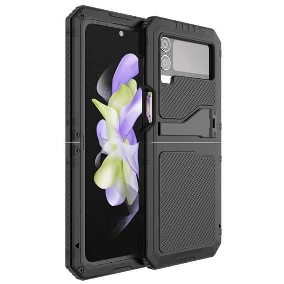 for Samsung Galaxy Z Flip 4 Case, 360 Full Body Protective Cover Heavy Duty Shockproof Armor Aluminum Alloy Metal Case with Silicone for Samsung Galaxy Z Flip 4 5G 6.7 inch, Black