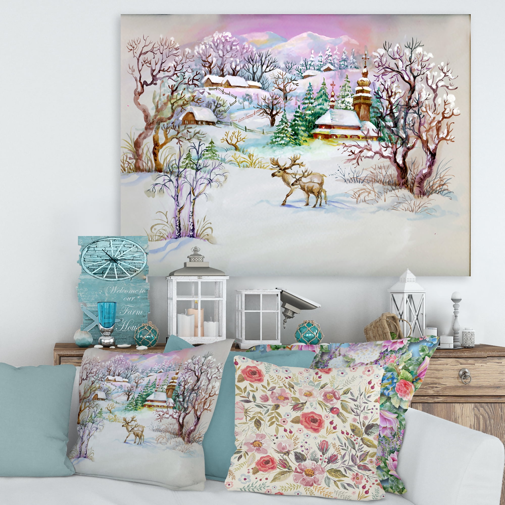 Designart ' Winter VIllage Life Landscape ' Traditional Canvas Wall Art Print