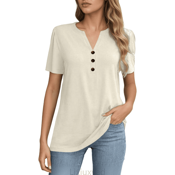 Lixiuxyad Women Basic Tee Women's Shirts Stylish Women's T Shirts Casual Women’s Button Up Short Sleeve Tops Versatile Wear For All Occasions Wardrobe Addition,Beige