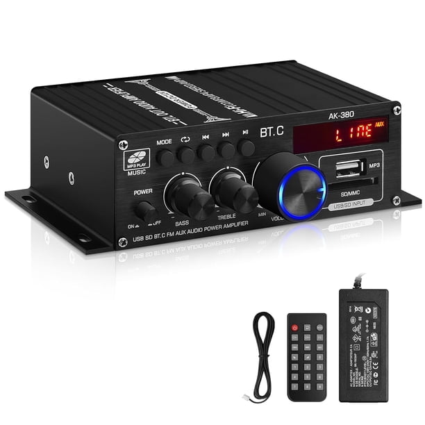 Amplificador Estéreo HiFi AK-380 de 800W (400W+400W) con Bluetooth 5.0, USB, SD y Radio FM - Receptor de Audio de 2 Canales con Pantalla LCD y Fuente de 12V para Coche, Hogar y Fiestas