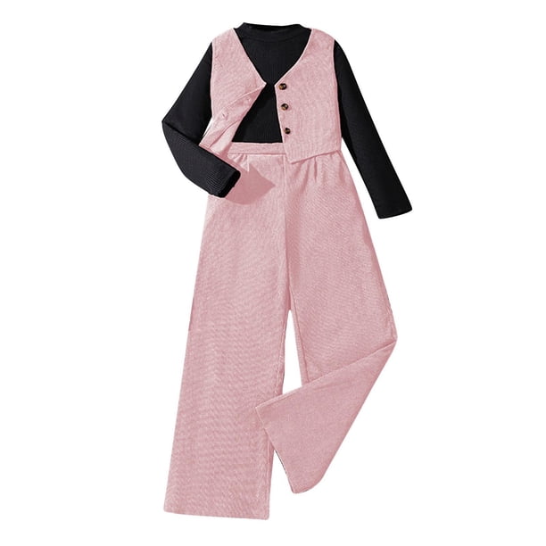 Odeerbi 7-12 Años Niñas Conjunto de Algodón Tejido de Canalé Tops de Manga Larga Pantalones de Pata Ancha Chaleco Conjunto de Tres Piezas