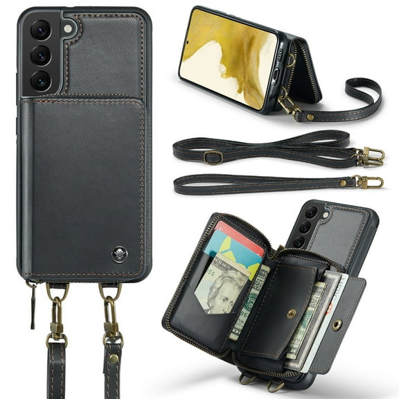 ELEHOLD Crossbody Wallet Phone Case for Samsung Galaxy S22, Zipper Pocket Card Holders Detachable Crossbody Strap Lanyard RFID Blocking Soft Leather Protective Case,Black