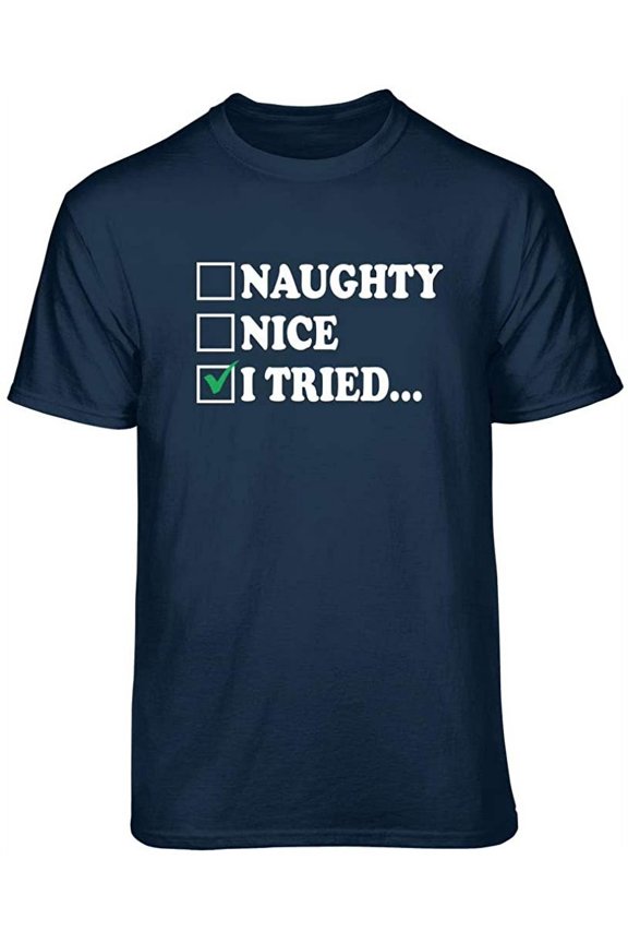 Naughty Nice I Tried Graphic T-Shirt (Small - Standard Fit, Navy Green Check)