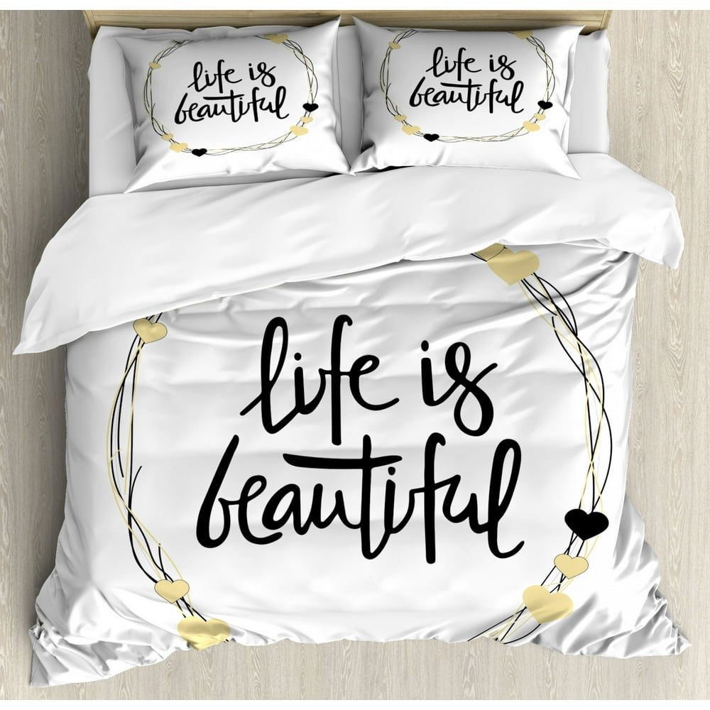 Saying Duvet Cover Set, Positive Words in Lines and Hearts Circle