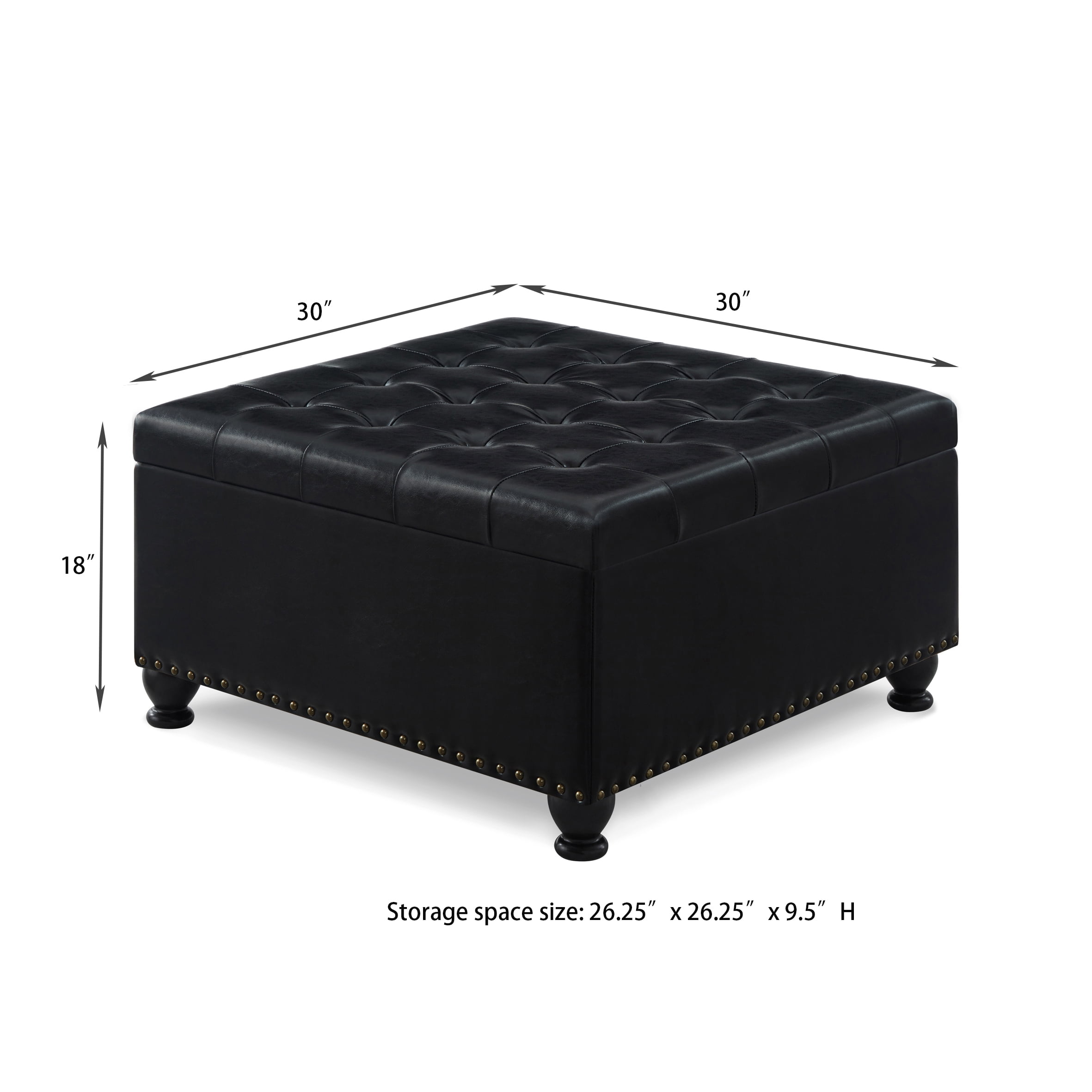 Square Storage Ottoman Coffee Table, Large Upholstered Ottoman with Hidden Storage, Button Tufted Bench with Nailhead Trim & Wooden Legs,Black