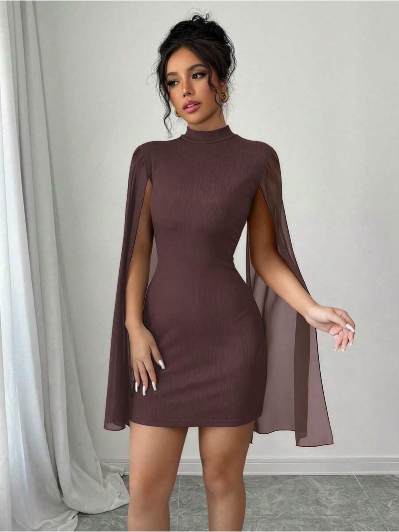 light brown bodycon dress Mini With High Neck And Sheer Cape Sleeves Designed exclusively by Club flat boots Gorgeous Black and Red Größe:Size 12