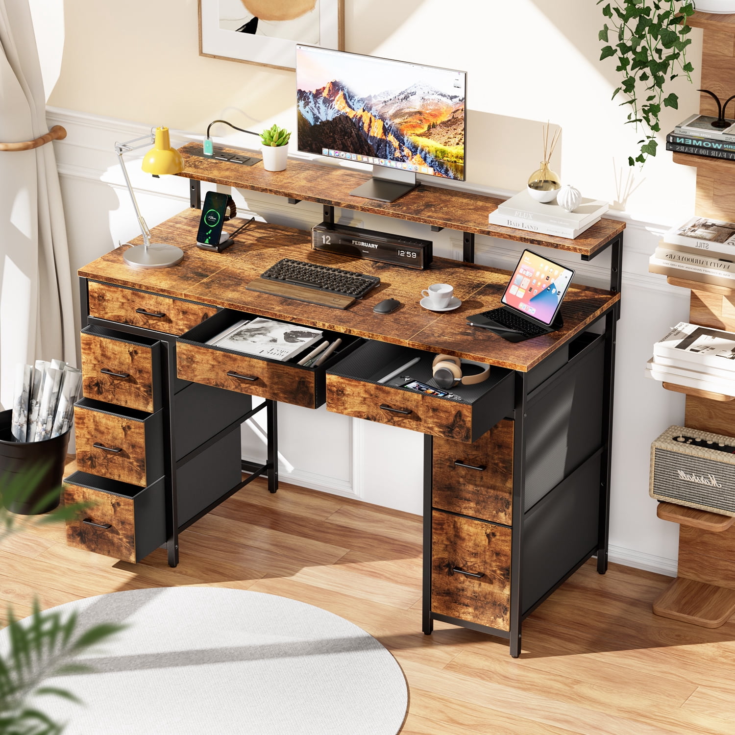 HLDIRECT 47 inch Computer Desk with 8 Drawers, Gaming Desk with LED Lights & USB Power Outlets, Home Office Table with Monitor Stand, Rustic Brown