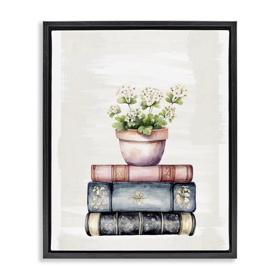 Stupell Industries Shabby Chic Floral Stacks with Vintage Books Black Floating Frame Canvas Art, 17 x 21, by Kim Allen