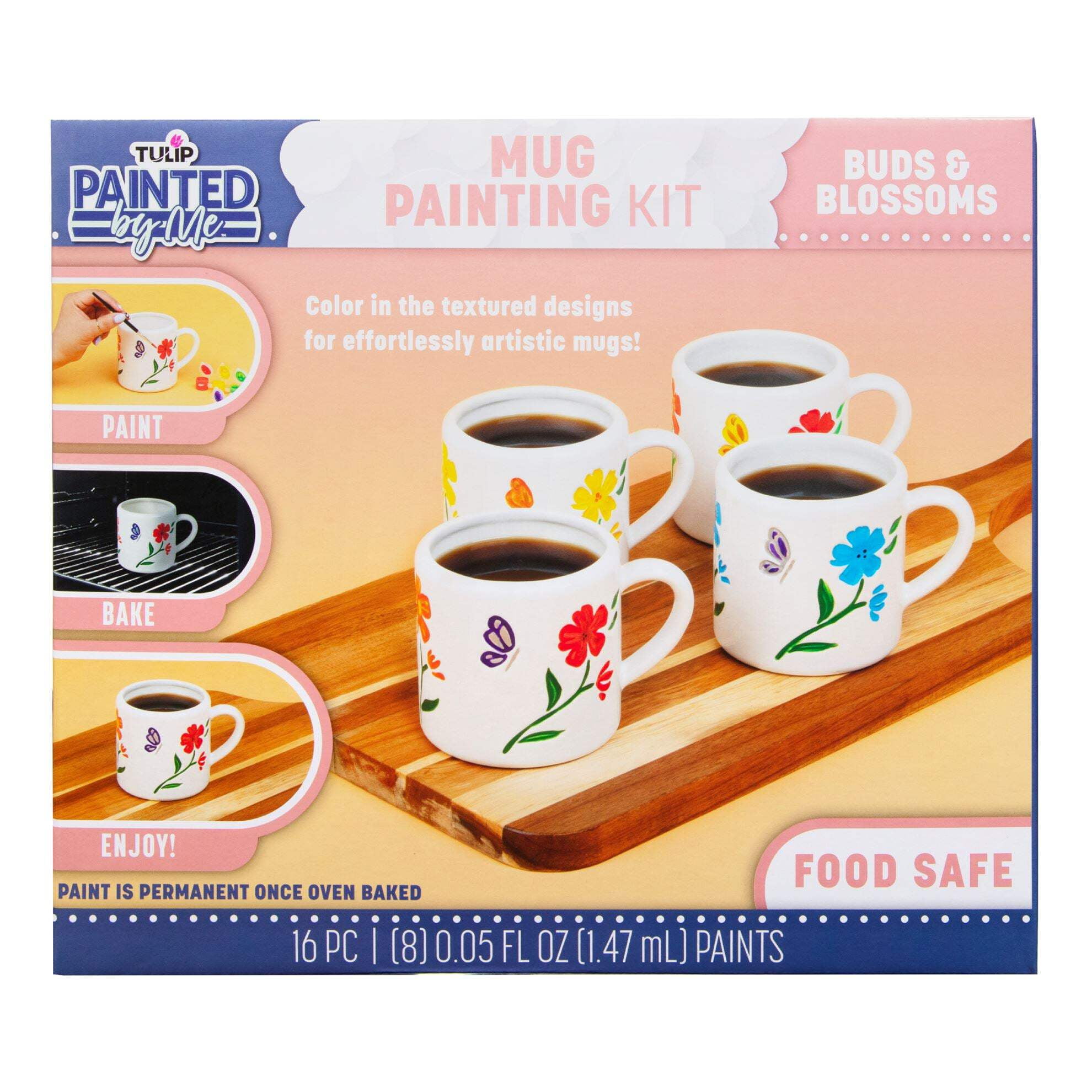 TULIP Painted by Me All-in-One Paint and Bake Ceramic 4 Mug Set with Flower Designs, Easy Craft Kit, Includes 4 Mugs, 8 Rainbow Paints, 4 Brushes