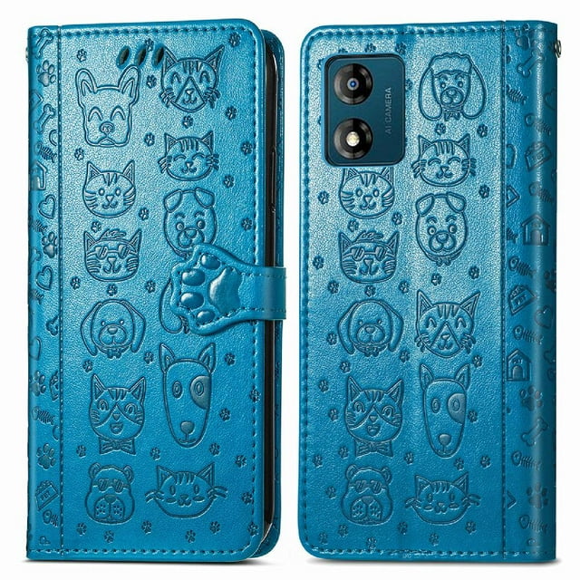 Funda Cartera FOXDOCK para MOTO E13 , Flip PU con Relieve de Gatos y Perros, Tarjetero y Soporte