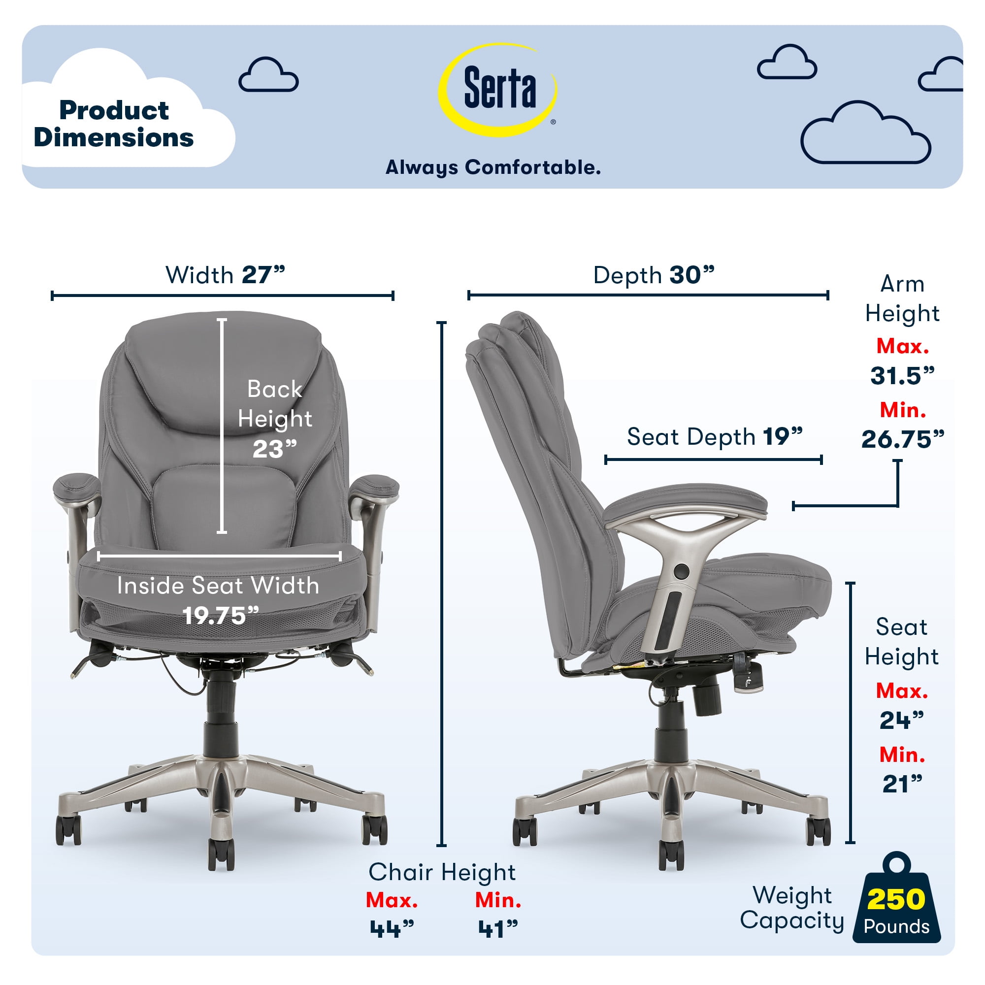 Serta Claremont Executive Office Chair with Back-In-Motion Technology, Ergonomic Mid-Back with Pivot Lumbar Support and Seat, Plush Cushion, Body Pillows, Adjustable Arms, Bonded Leather, Gray