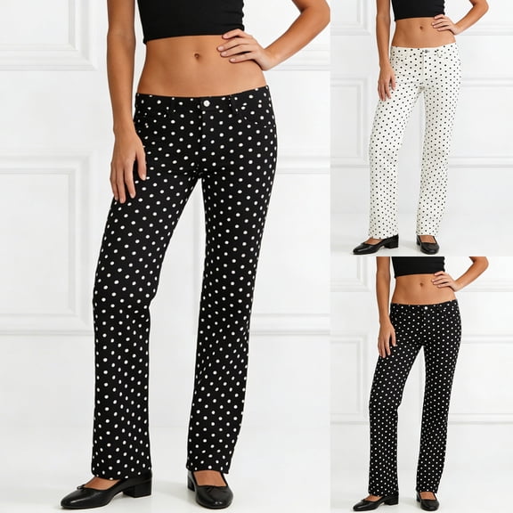 JUSLIO Women Jeans,Polka Dot Print Zip Fly Straight Leg Full Length Denim Jeans