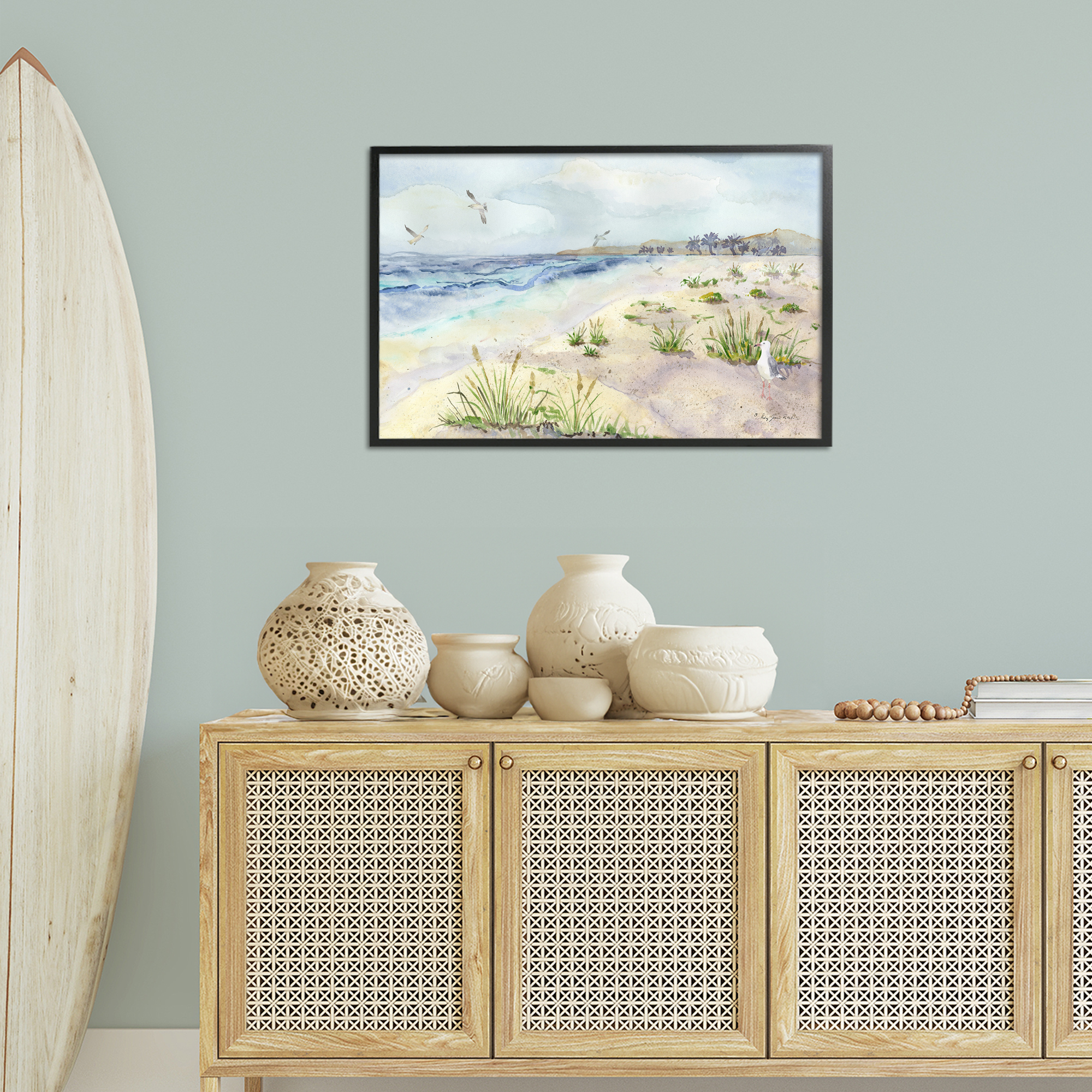 Stupell Industries Seagulls Over Beach Landscape Painting Black Framed Art Print Wall Art, 30 x 20