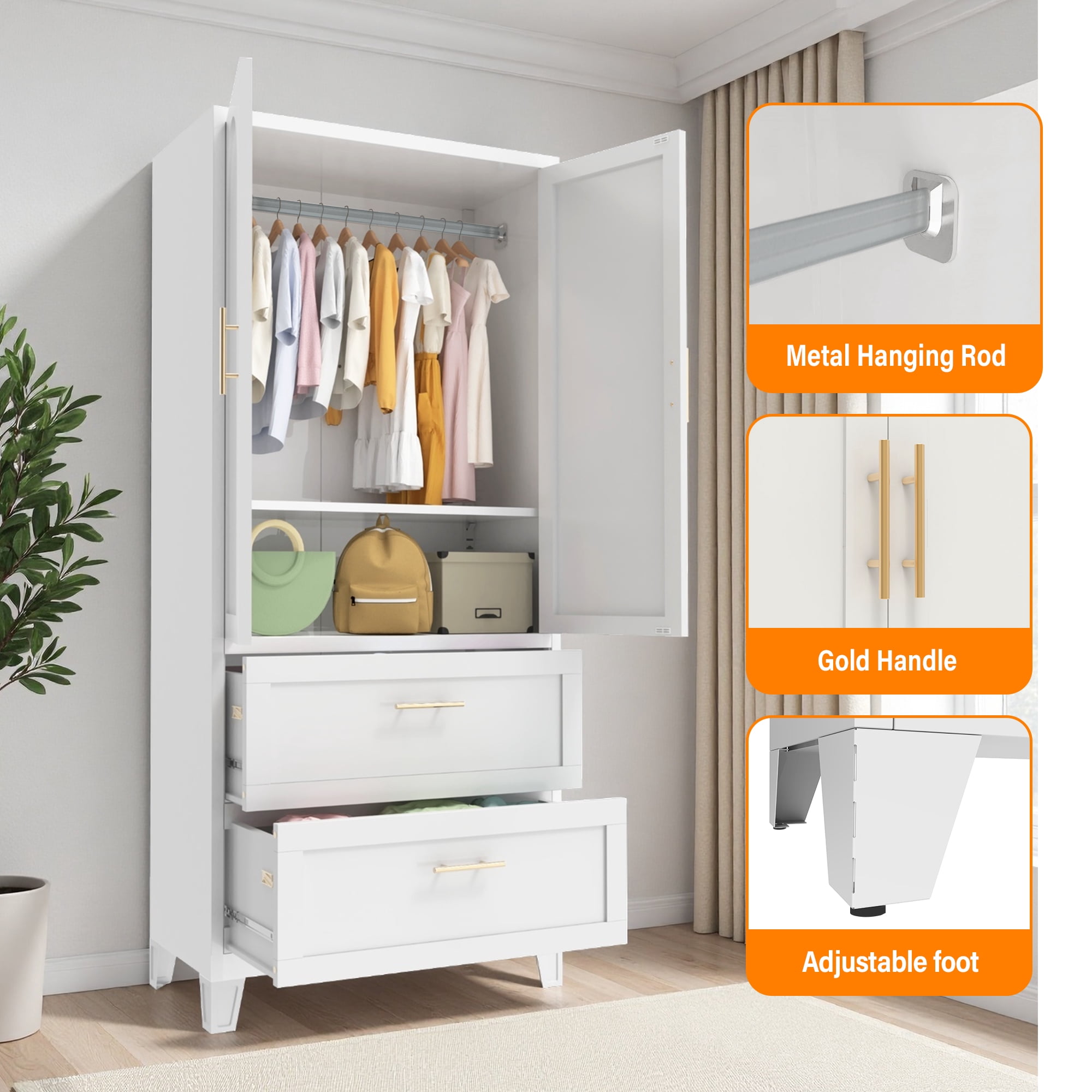 Leumius 71" Tall Metal Wardrobe Closet,Modern Armoire Wardrobe Cabinet 2 Drawers & Hanging Rod,Clothes Storage Organizer Cabinets with Double Doors for Bedroom,Living Room-White