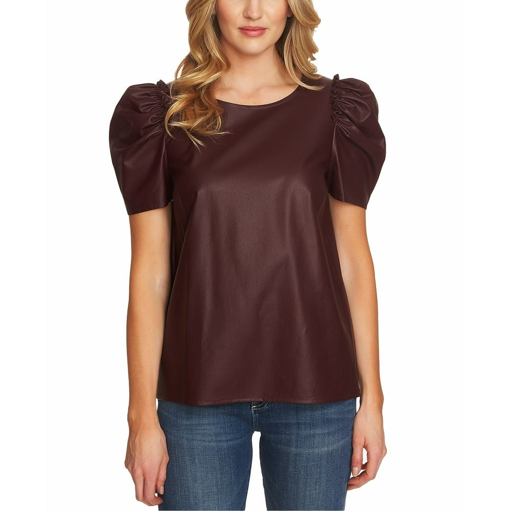 CeCe Deep Claret Womens FauxLeather PuffSleeve Blouse XS Walmart